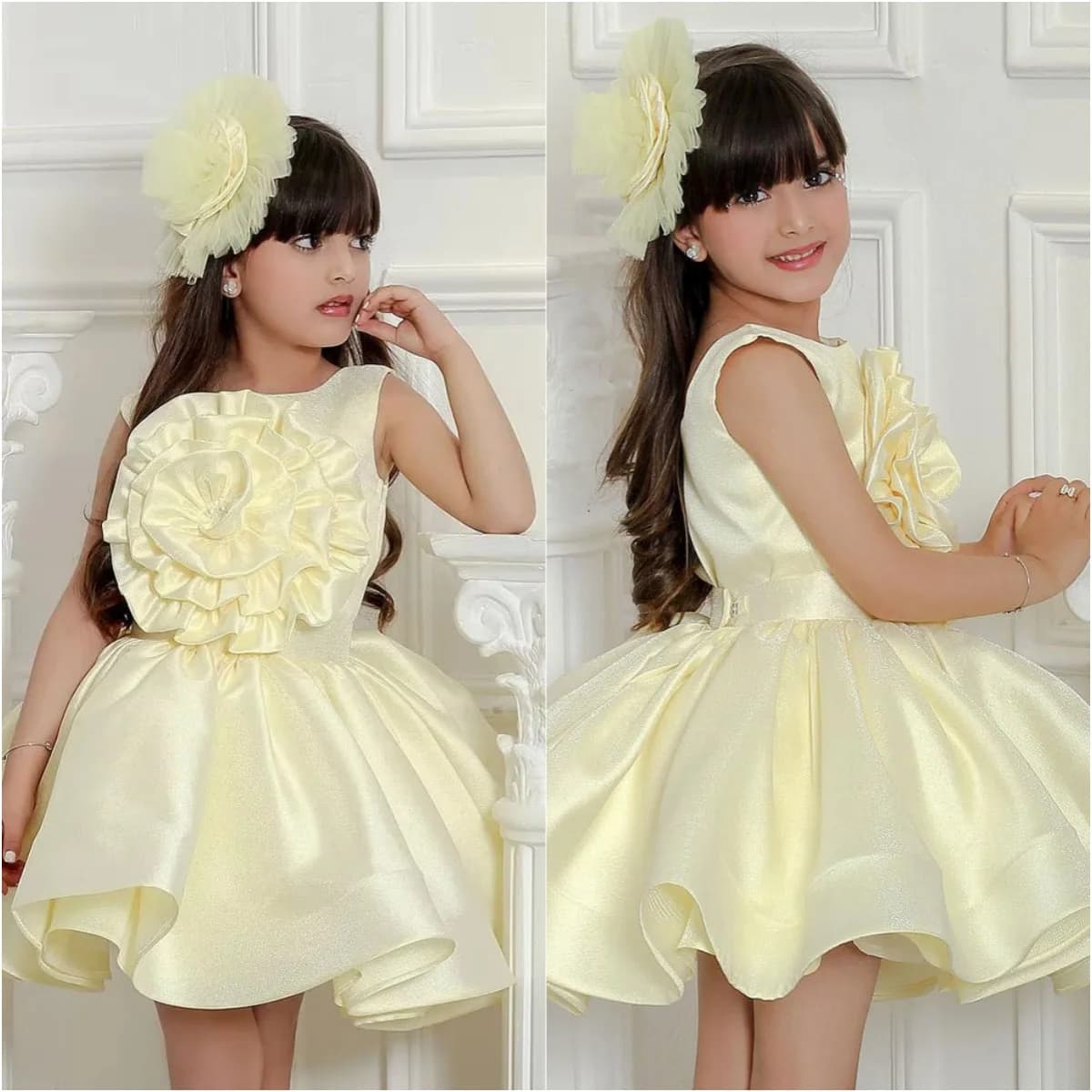 Yellow Flower Girl Dresses Baby for Wedding 3D Floral Knee Length Baby Kids Formal Wear for Photoshoot First Communion Gowns
