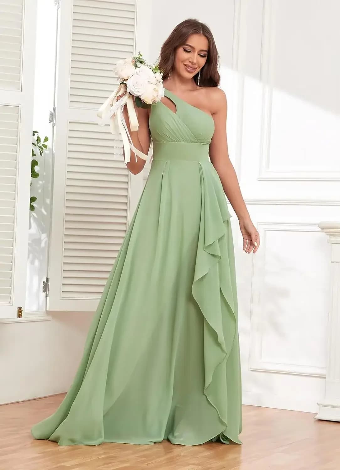 Custom Made Simple One Shoulder Chiffon Bridesmaid Dresses with Slit for Wedding Ruffle Prom Formal Dress Evening Dresses