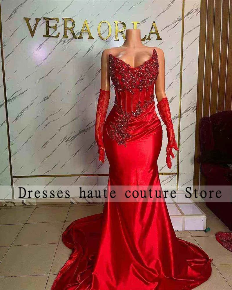 Aso Ebi Red Lace Gloves Beade Crystals Strapless Evening Dress 2025 Women Mermaid Customized Party Dress Wedding robe de gala