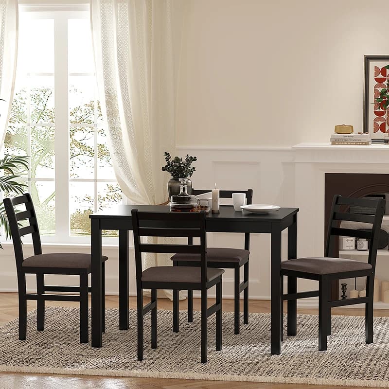 5PCS Stylish Dining Table Set 4 Upholstered Chairs with Ladder Back Design for Dining Room Kitchen Brown Cushion and Black (=OLD
