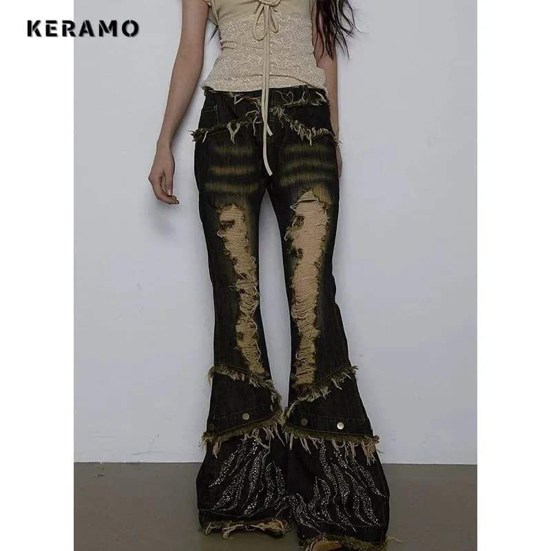 Women's Y2K Hotsweet Retro Ripped Denim Trouser Washed Vintage Casual Tassels SheathPants Grunge Street High Waist Trashy Jean