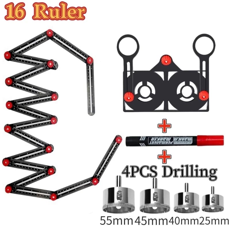 16 Side Multi Angle Measuring Ruler with Opening Locator Angle Finder Tool Ceramic Tile Hole Punch Locator Measuring Ruler
