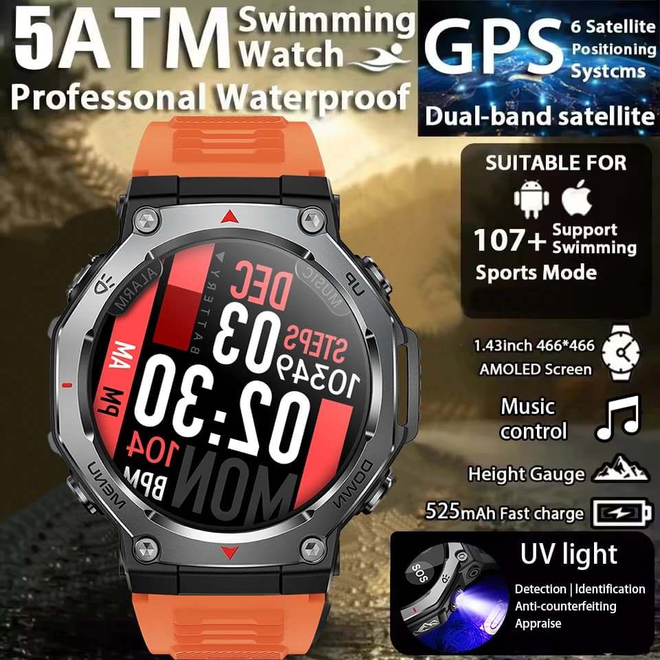 T-Rex 3 GPS Smart Watch 5ATM Waterproof 1.43 inch AMOLED HD Screen BT Call Flashlight Military Sport Smartwatches Men 2025 New