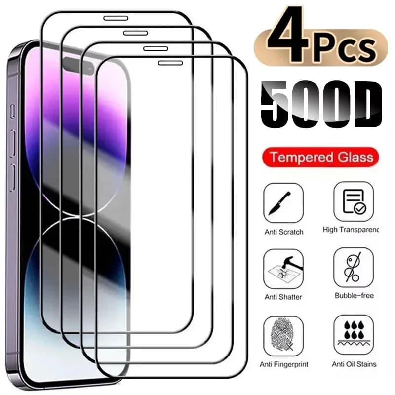 4PCS 500D Full Cover Protective Glass For iPhone 13 12 11 14 15 Pro Max Tempered Screen Protector iphone 14 15 16 PLUS Glas Film