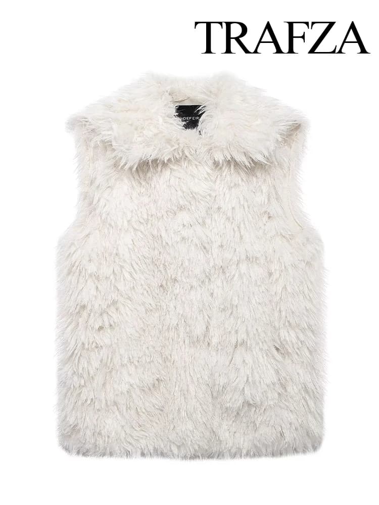 TRAFZA Women Winter Fashion Artificial Faux Fur Effect Sleeveless Temperament Vest Female Elegant Warm Casual Vest Jacket Mujer