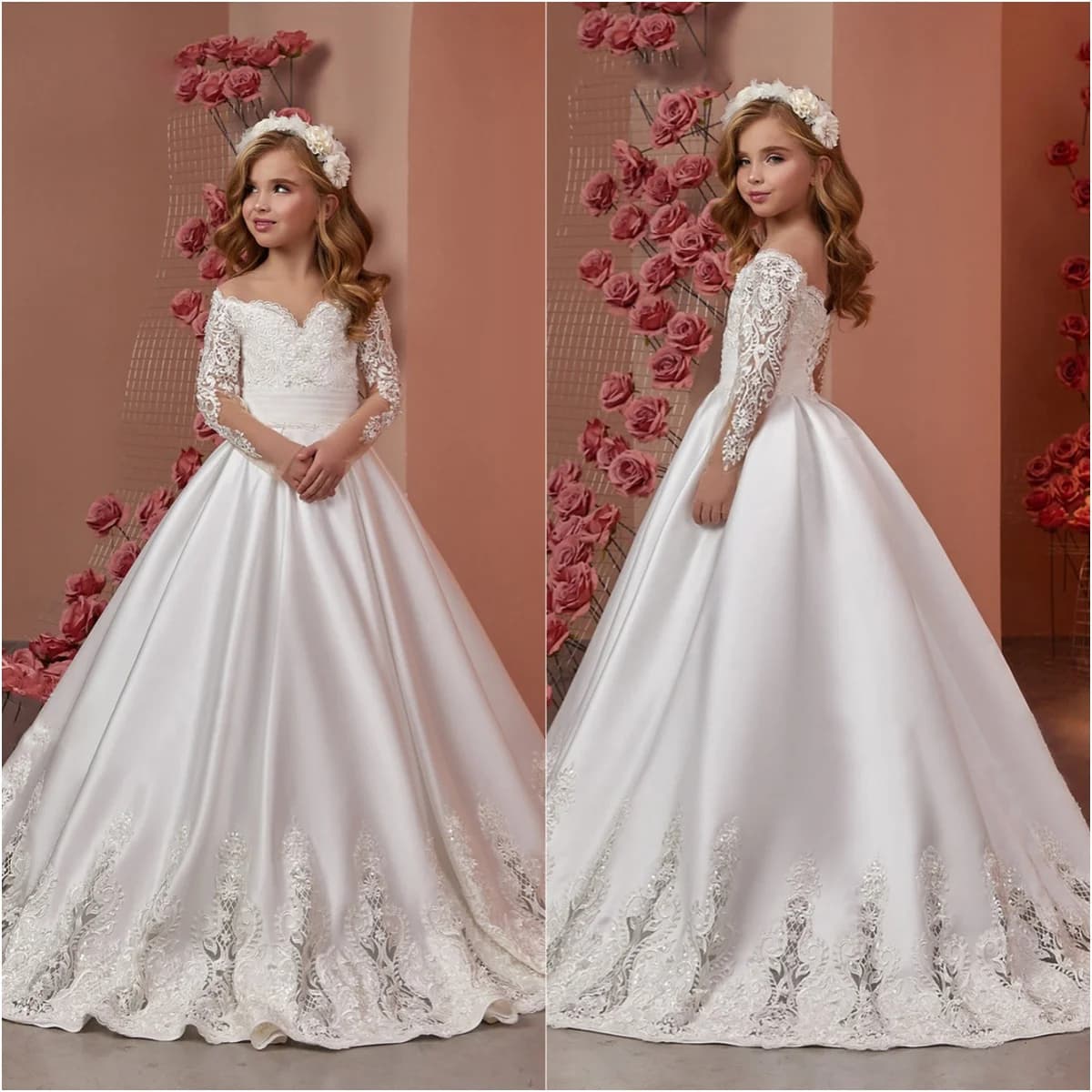 White Flower Girl Dresses Pageant Gown for Wedding Satin Appliques Floor Length Elegant Birthday Party First Communion Gown