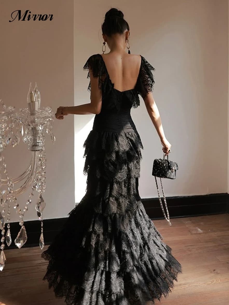 Mirror Dress Elegant Vintage Sexy Romantic Black Lace Mermaid Ruffle Customized Formal Occasion Prom Dress Evening Party Gowns