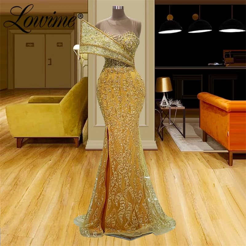 Gold Arabic Evening Dress Aso Ebi Crystal Engagement Gowns Customize Robe De Soiree Formal Women Long Wedding Party Prom Dresses