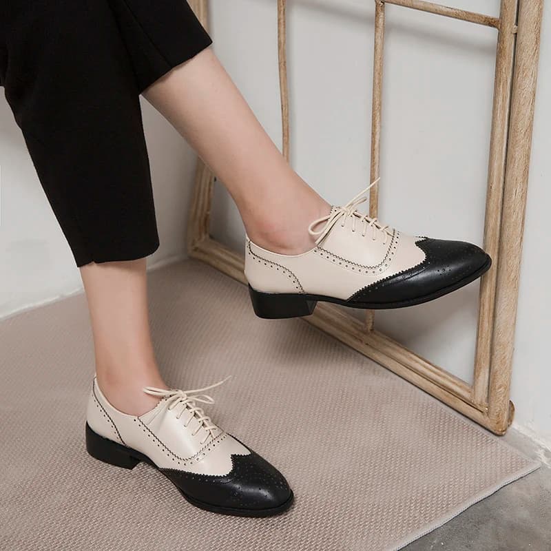 New Spring 2024 Block Genuine Leather Oxford Low Heel Women Shoes Retro Round Toe Shoes for Women Block Pumps Retro Ladies Shoes