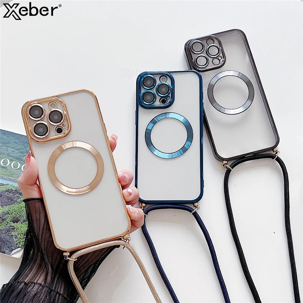 Plating Clear Magnetic For Magsafe Wireless Charging Cases For iPhone 16 15 14 11 12 13 Pro Max Crossbody Lanyard Necklace Cover