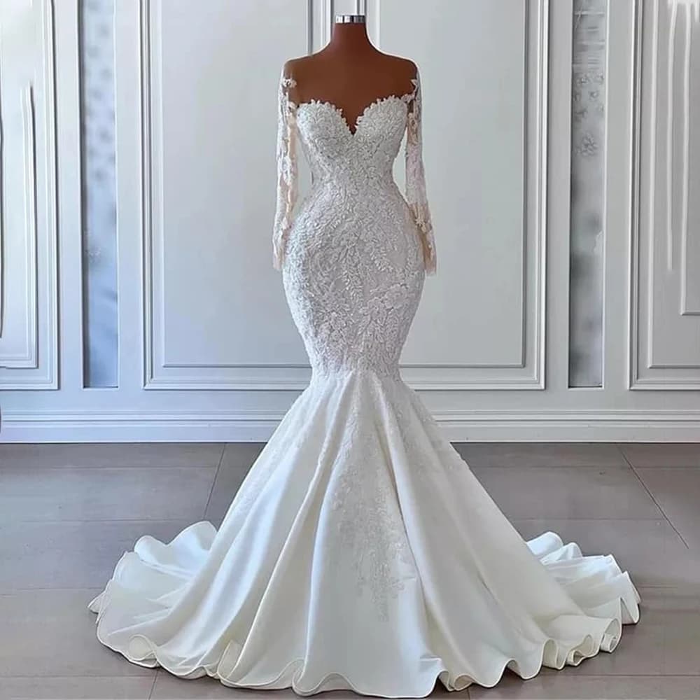 Ivory Wedding Dress Luxury Applique Sheer Tulle Neck Mermaid Wedding Gowns for Bride Long Sleeves Satin Elegant Bridal Dresses