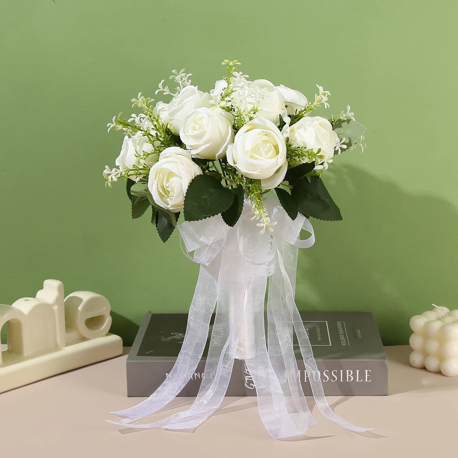 1 Artificial flower bouquet, Bridal Bridesmaids wedding bouquet, white artificial rose wedding decoration, home decoration
