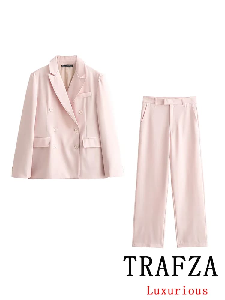 TRAFZA Vintage Chic Solid Women Suit Double Breasted Pockets Blazer Straight Long Pants New Fashion 2024 Formal Office Lady Sets