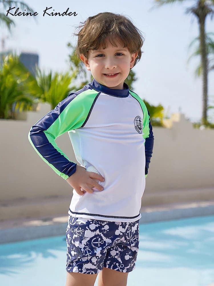 Children Swimwear Long Sleeves Anchor Print Swimsuit Boy UPF50 UV Protection Rash Guard Toddler Teenager Boys Surf Bathing Suit