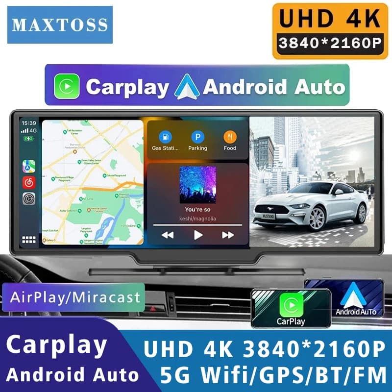 10.26 Inch Dash Cam 4K CarPlay Android Auto Car Dvr Wireless 5G WiFi Bluetooth AUX Dashcam GPS Track FM Video Recorder Camera
