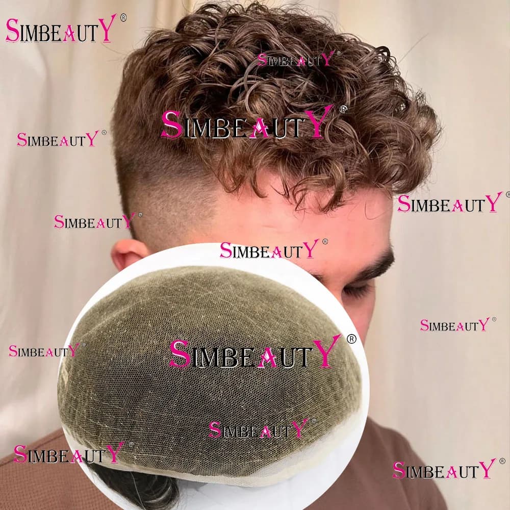 Full Swiss Lace 20mm Curly Invisible Brown Grey Natural Hairline Men Toupee Wig Human Hair Durable Prosthesis Replacement System