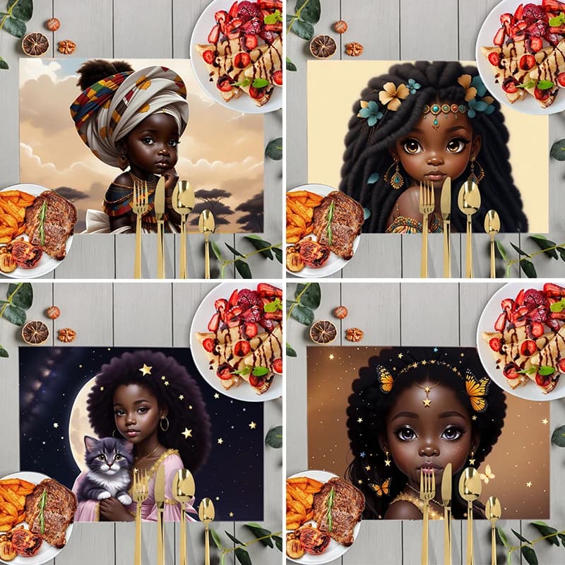 Cute Afro Princess with Cat Restaurant Insulated Placemat African Melanin Girls Non Slip Cup Coaster Kitchen Dish Pads Gift