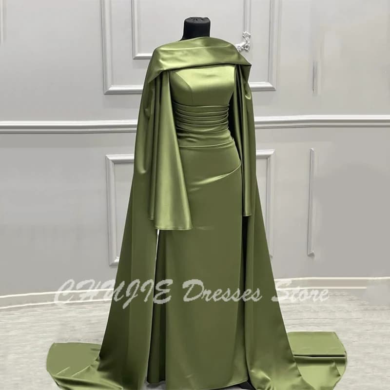 Customized Elegant Olive Green Evening Dress Muslim Formal Dresses Shawl Satin Arabia Long Sleeves Evening Gowns Party Dress
