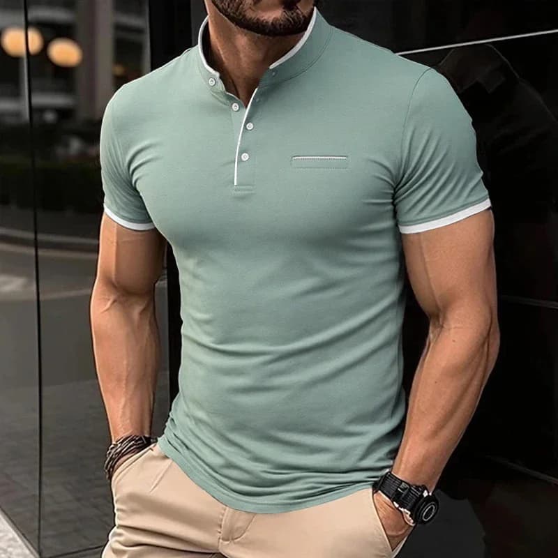 2025 New Men's Casual and Fashionable Solid Color Short Sleeved Stand Up Collar T-shirt Summer Versatile and Comfortable Top