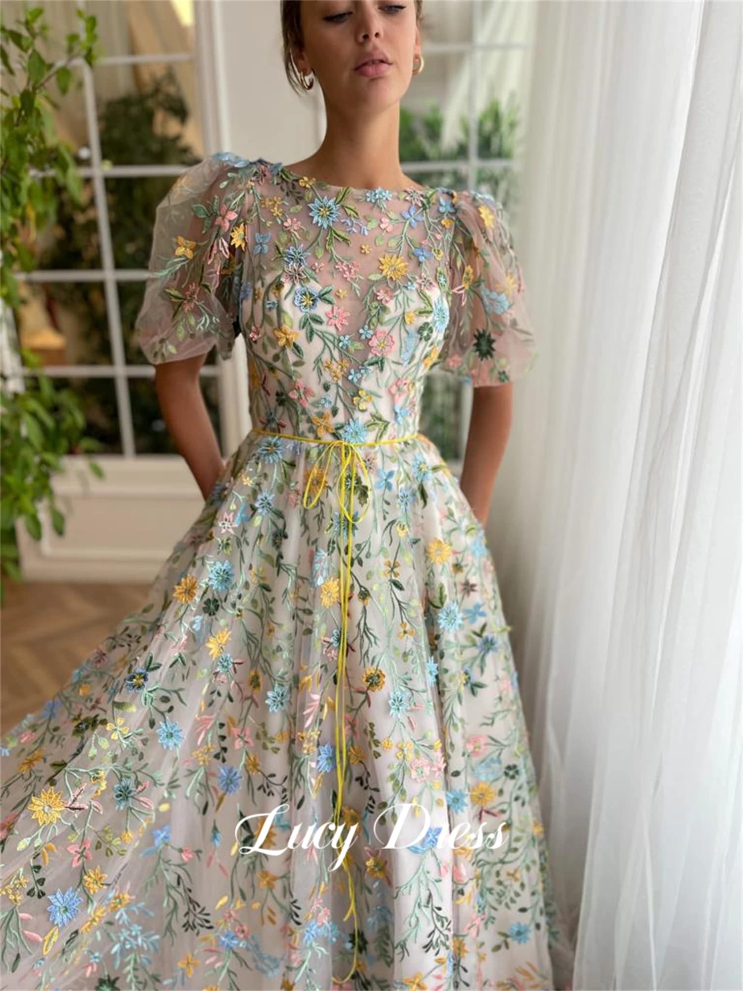 Lucy Line A Floral Embroidery Fabric Coming of Age Dress Graduation Gown Prom Dresses Women's Elegant Clothes Formal Customized