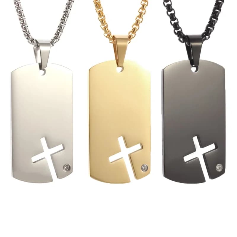 Cross Dog Tag Necklace Stainless Steel Hollowed Out Cross Pendant for Men Women Strong and Brave Christian Jewellery Amulet Gift