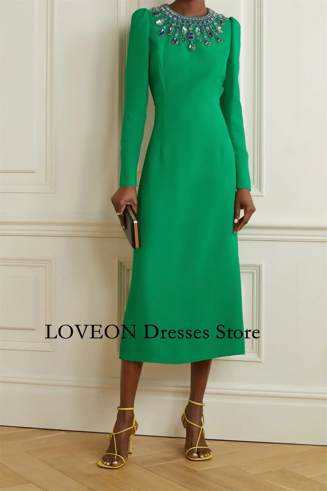 Customized O- Neck Green Vintage Formal Dress Prom Party Satin Crystals Evening Gowns for Women Formal Bridesmaid Dress