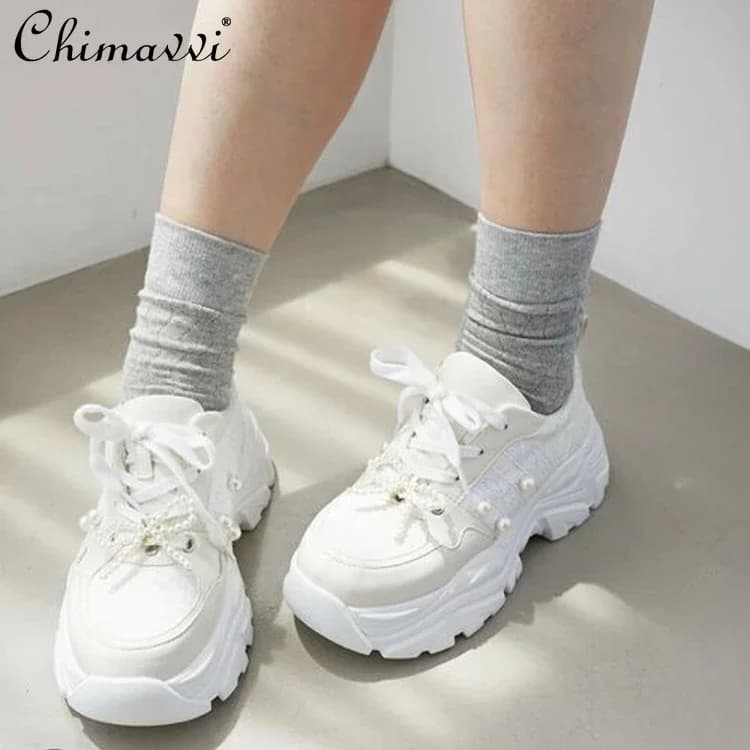 Japanese Sweet Pearl Bow Platform Sports Dad Shoes Autumn New Comfortable Girl Women Breathable Muffin Bottom Lolita Sneakers