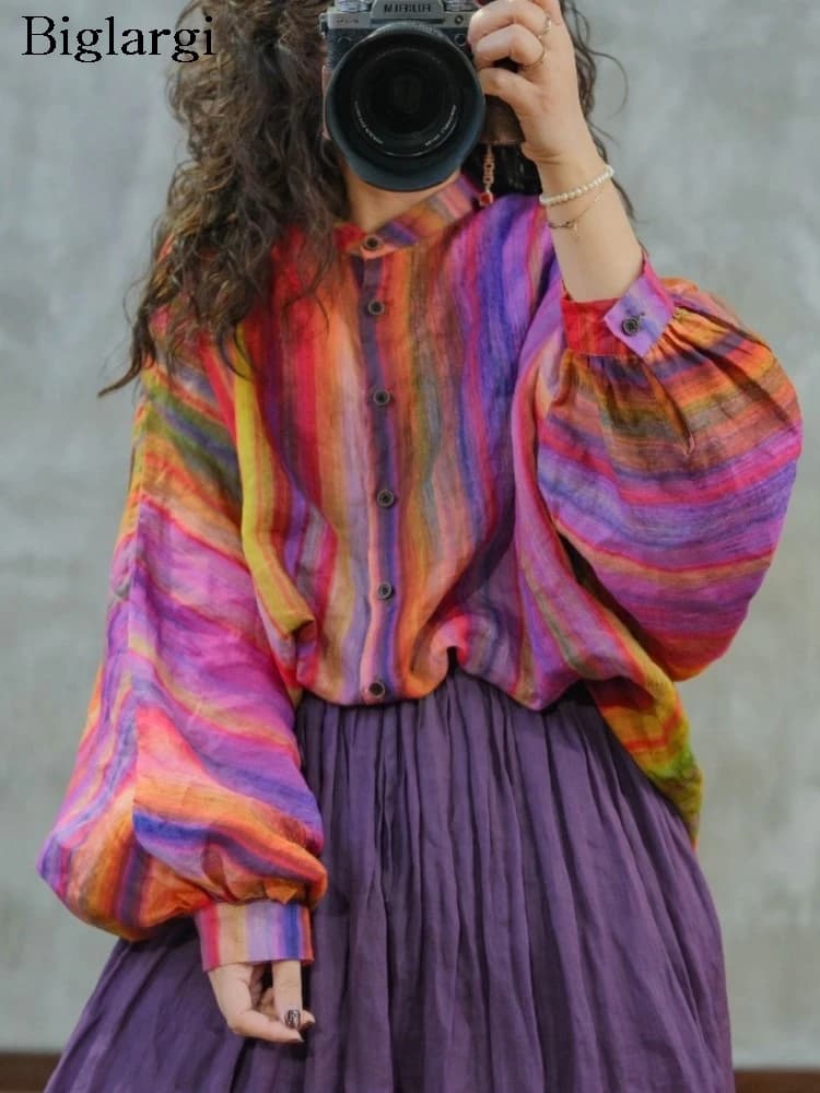 Oversized Summer 2 Two Piece Set Women Striped Print Casual Long Sleeve Ladies Shirt Elastic Waist Modis Ruffle Woman Long Skirt