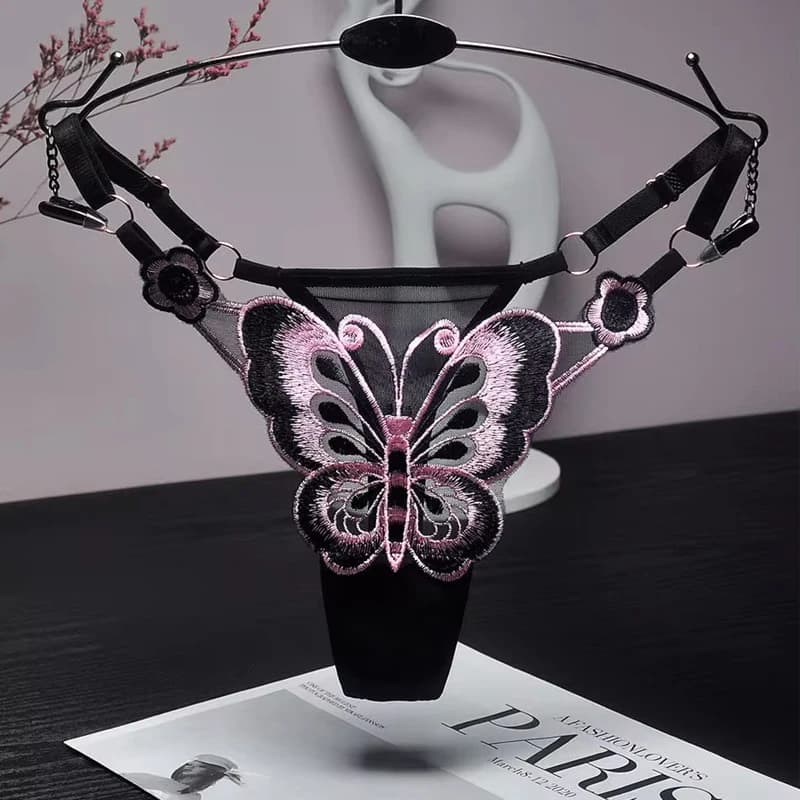Sexy Lace Thong Women Butterfly Low Waist Panties G strings Transparent Mesh Briefs Adjustable Waist Panties Culotte Femme