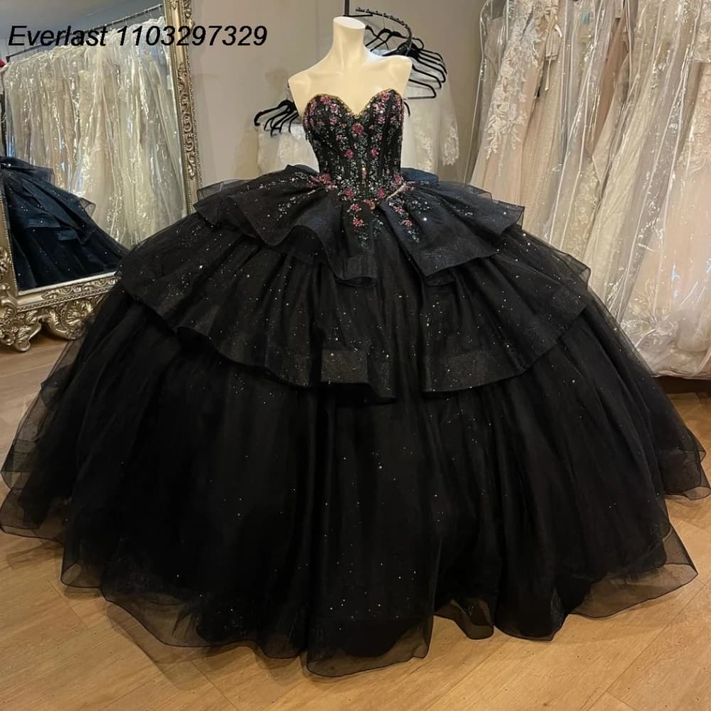 EVLAST Customized Black Quinceanera Dress Ball Gown Applique Crystal Beaded Tiered Corset Sweet 16 Vestido De 15 Anos TQD999