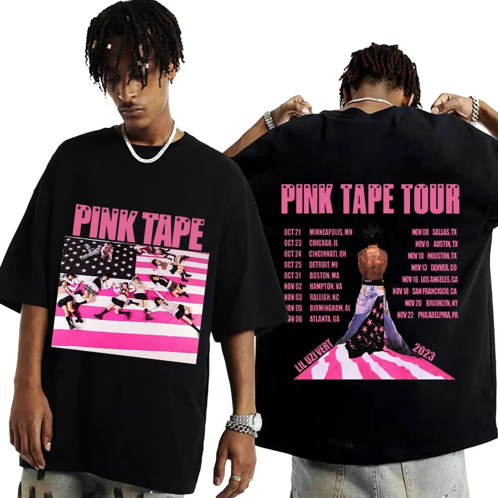 Rapper Lil Uzi Vert T Shirt 2023 Concert Tour Pink Tape Graphic T-shirt Men's Hip Hop Short Sleeve T-shirts Oversized Streetwear