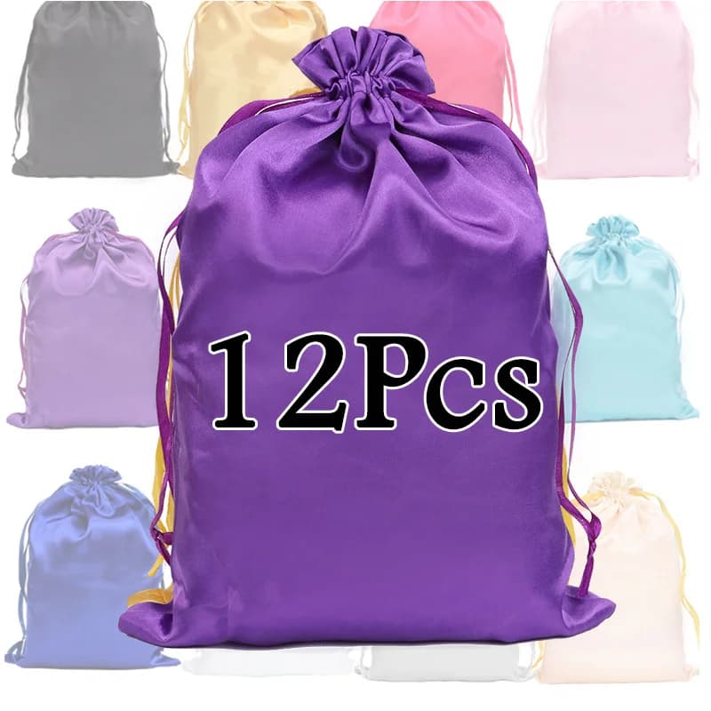 Satin Wig Bag Pack 12Pcs Storage Bags 25*35Cm Big Black Pink Soft Silk Wig Bag For Hair Wig Packaging Tools Wig Accessories