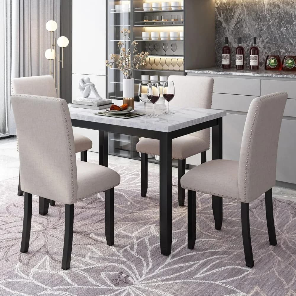 5-Piece Dining Table Set, Faux Marble Dinier Table with Upholstered High-Back Chairs, Contemporary Dining Room Set