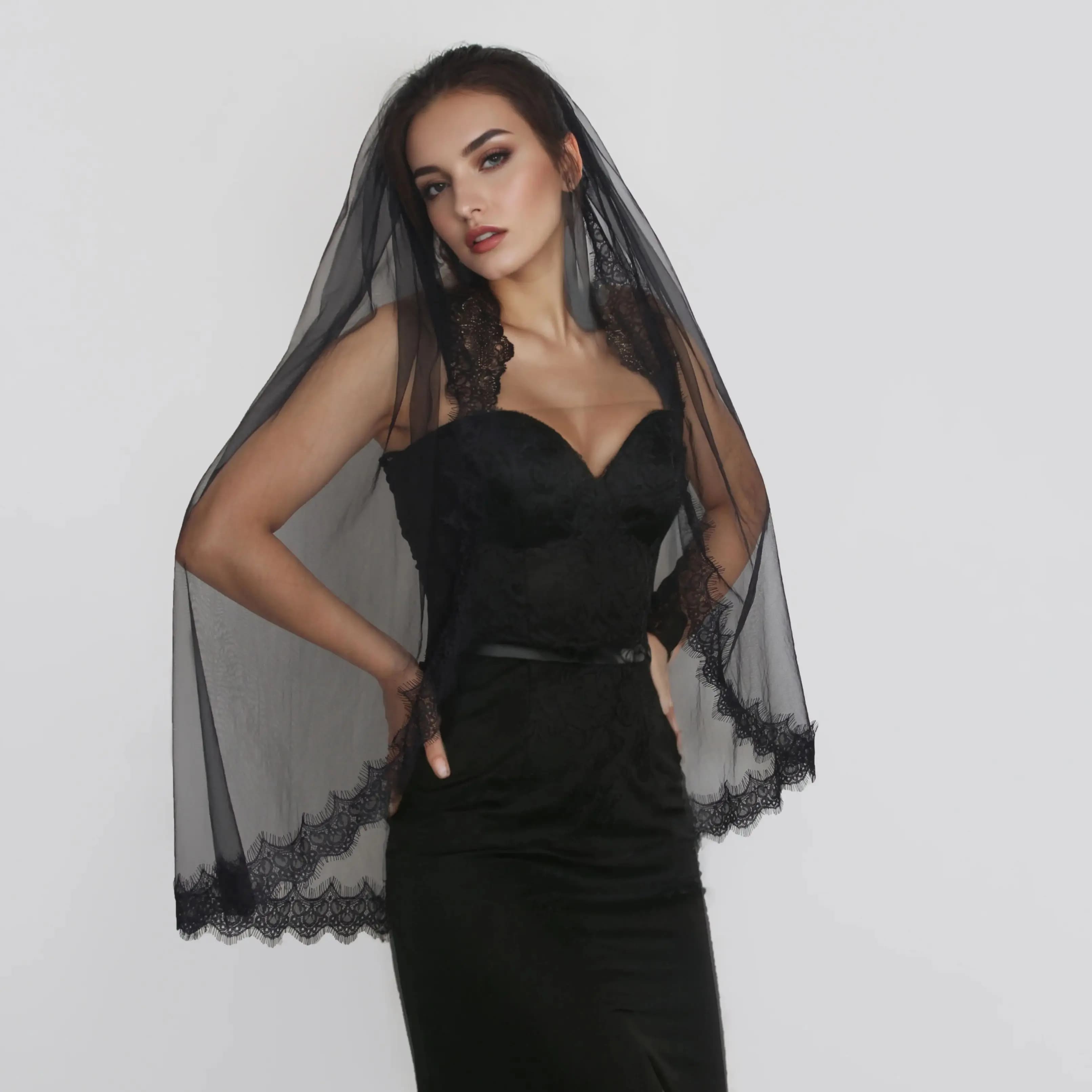 Gothic Black Bridal Veil with Eyelash Lace Halloween Soft 1 Tier Wedding Veil Funeral Widow's Veil Black Veil with Comb G154