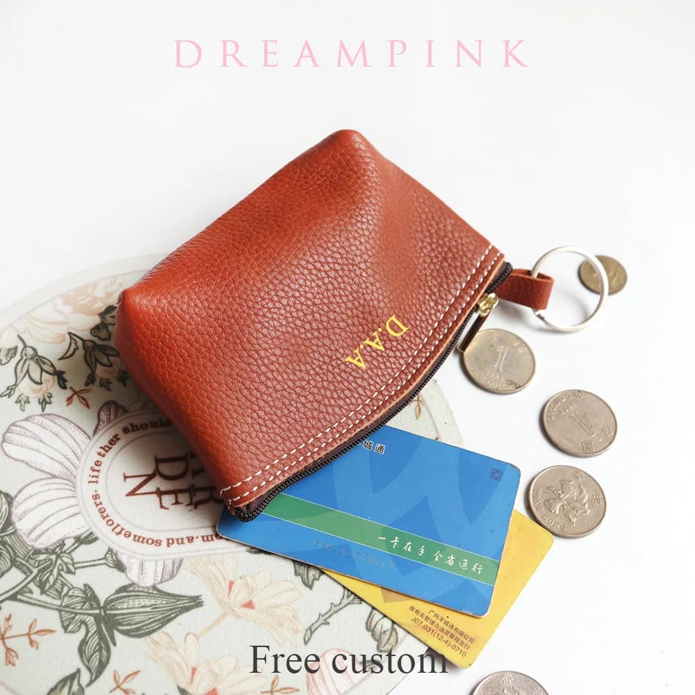 Cowhide Zip Coin Pouch Custom Letters Genuine Leather Small Keychain Wallet Women Personalize Gift Vintage Card Holder Money Bag
