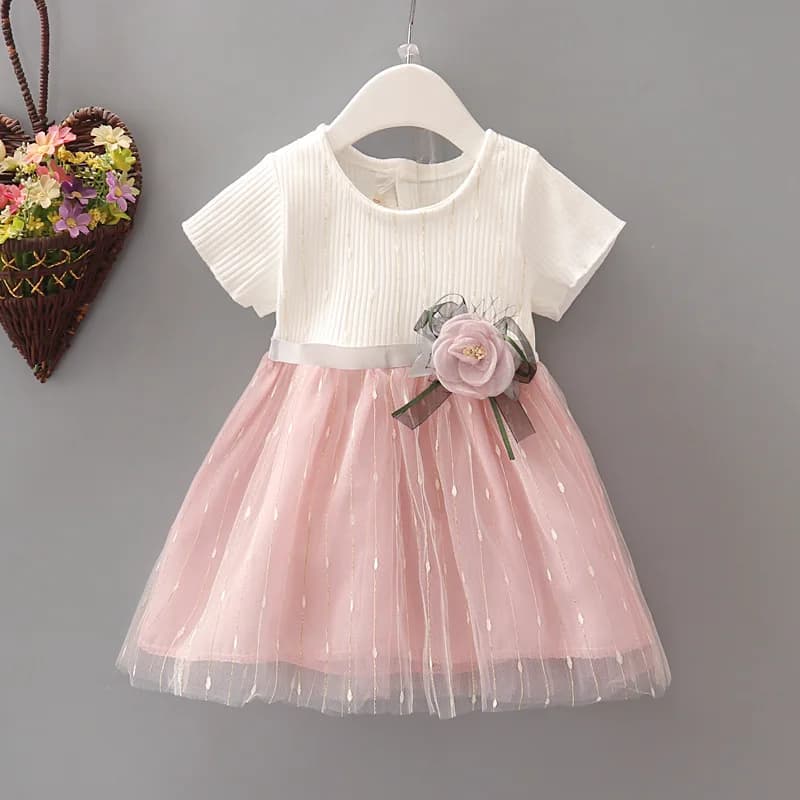 Baby Girls Dress 2024 Summer Rose Flowers Princess Mesh Dress Toddler Infant Kids Birthday Party Costume Children's Clothing