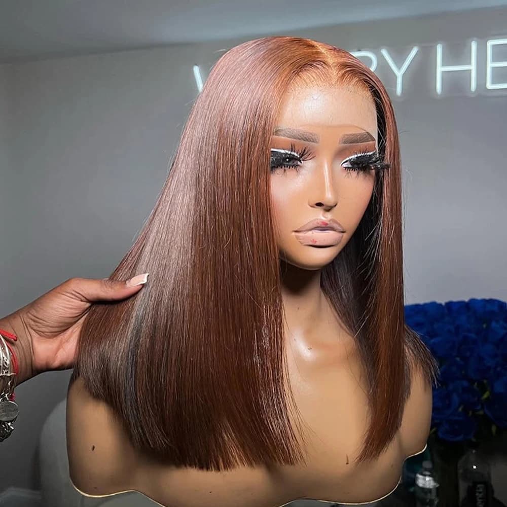 Chocolate Color Straight Short Bob Wig HD Lace Frontal Wig Human Hair Glueless Human Hair Curly 13x4 Transparent Lace Front Wigs