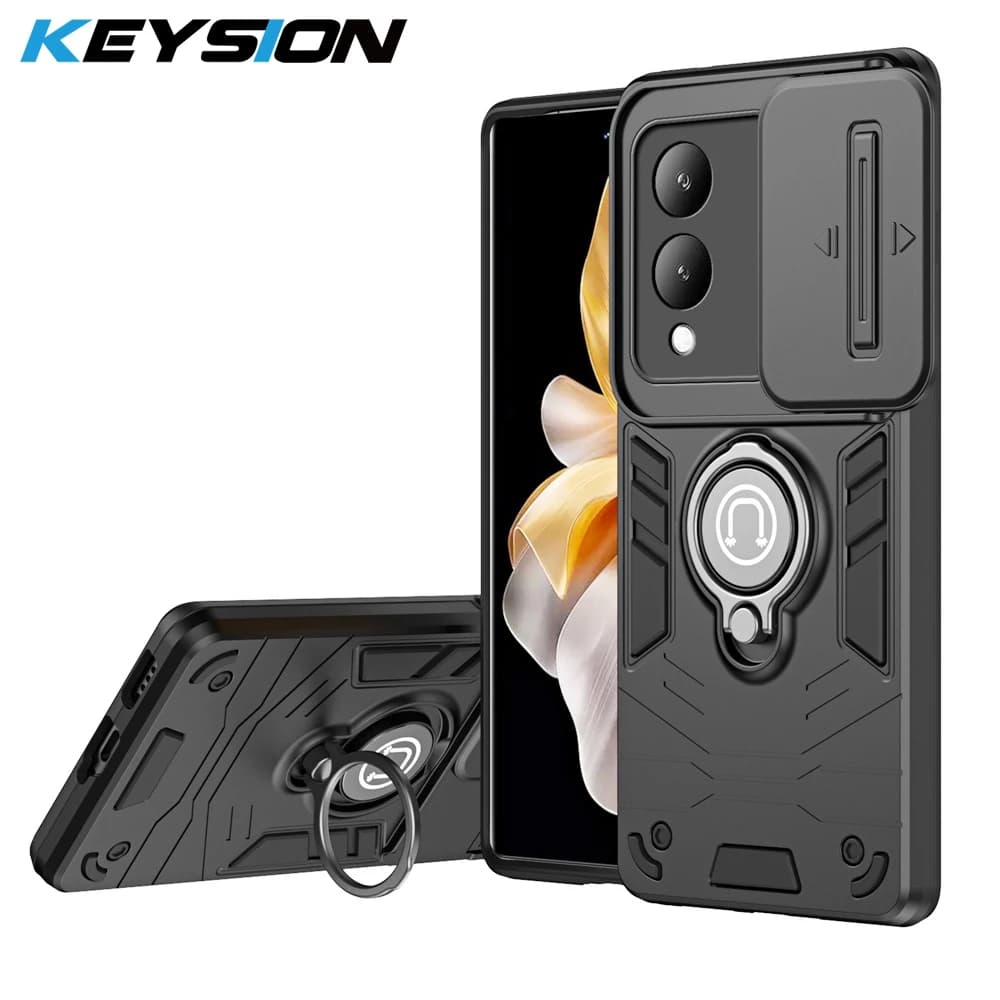 KEYSION Shockproof Armor Case for VIVO Y17S Slide Camera Lens Protection Ring Stand Phone Cover for VIVO Y17 Y16 Y15 Y12 Y11