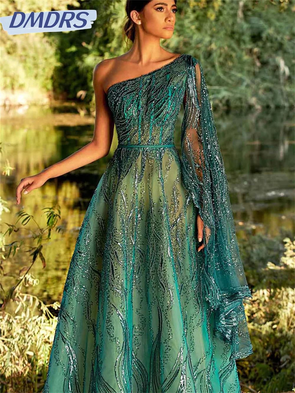 Elegant One Shoulder Long Puff Sleeve Gown 2025 Stylish Sequin Party Dress Customized Floor Length Gowns Vestidos De Novia