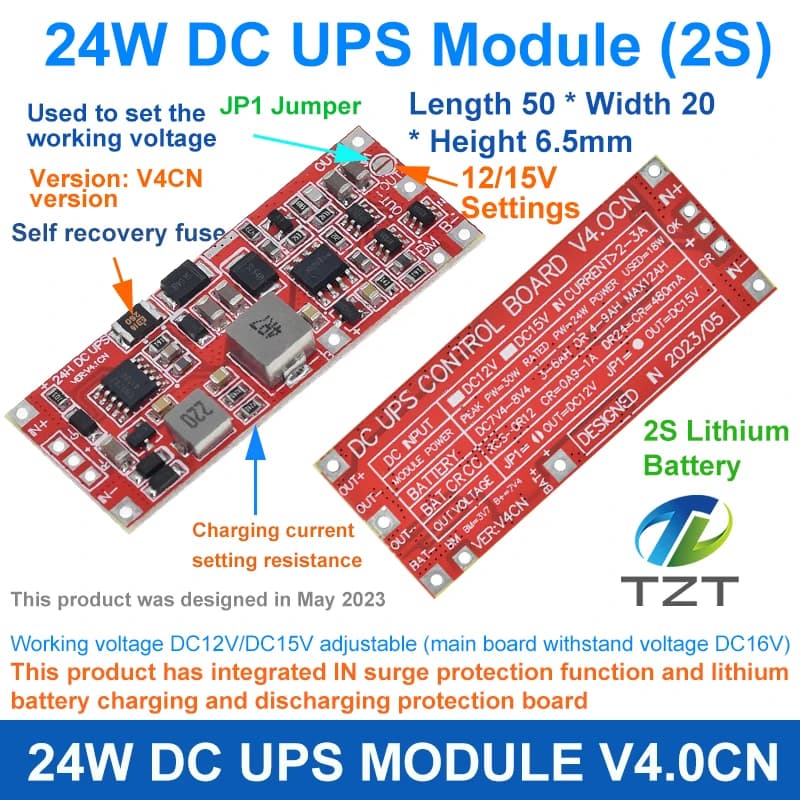 TZT DC 12V/15V 24W 1A 50W 4A UPS Power Supply Module Uninterruptible Power Control Board 2S Charging Step Up Protection Module
