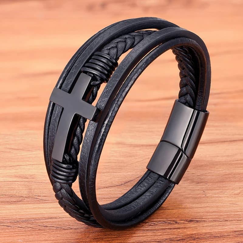 Men's Cross Bracelets Luxury Design Stainless Steel Bangles Classic Leather Bracelet Men Accessories Wrist Band Male Gift