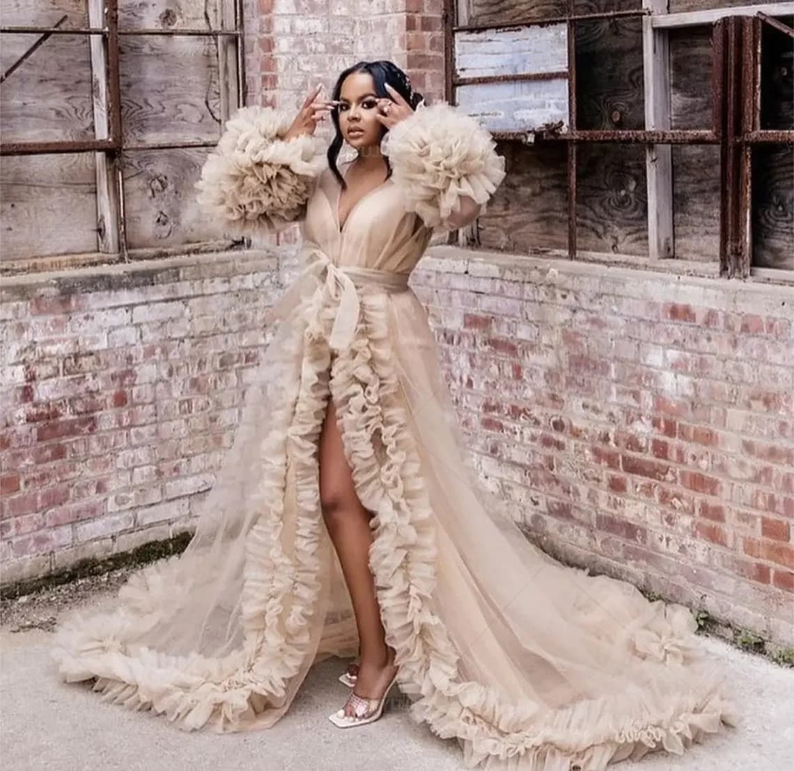 Bridal Prom Dress Fluffy Tulle Dresses for Women Long Sleeves Wedding Party Gown Bridal Boudoir Pajamas Maternity Robe