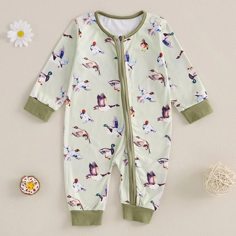 Baby Boy Zipper Romper Casual Cute Duck Print Long Sleeve Jumpsuit for Infant Toddler Fall Outfit