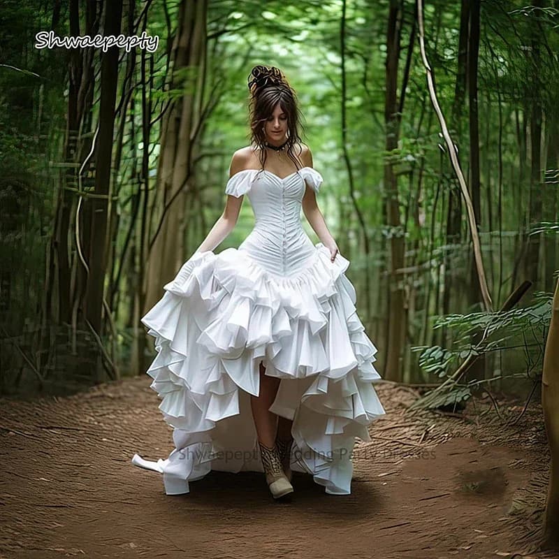 Gothic Steampunk Wedding Dresses 2025 Tiers Ruffles Pleats A Line High Low Alternative Gown White Customized Women Dress