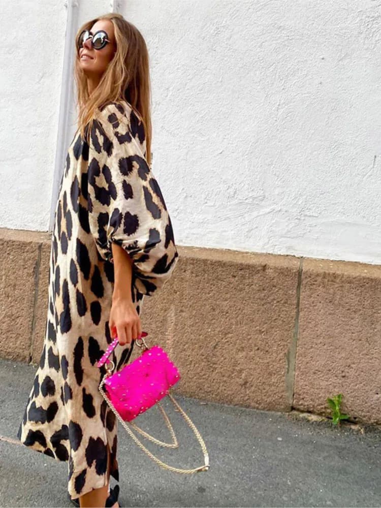 Fashion Leopard Casual Dress Women's New V Neck Lantern Sleeve Elegant Office Holiday Summer Female Loose Dresses Robe Femme
