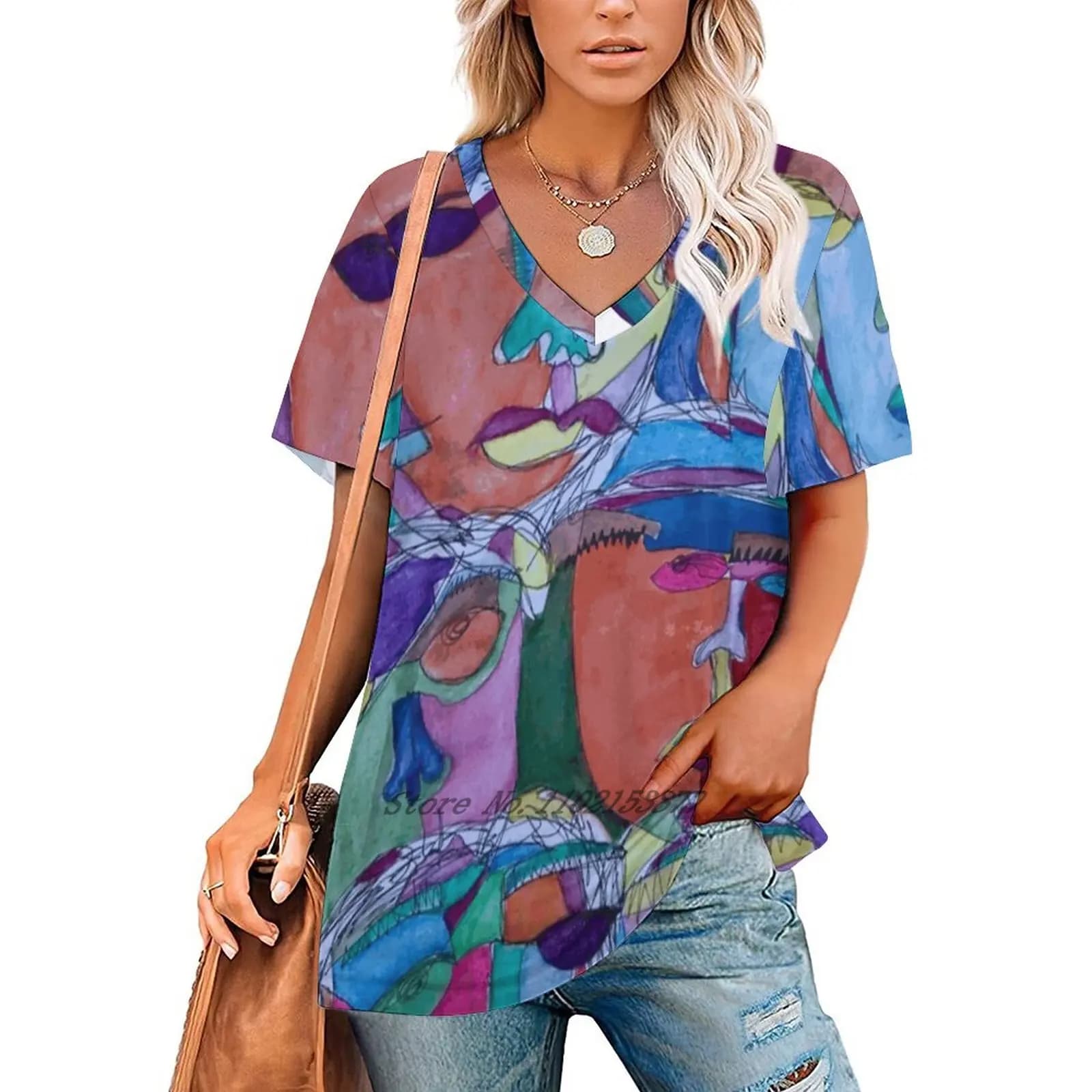 Abstract Faces Women Print T-Shirt Summer Casual Tops Streetwear T Shirt Boho Ladies Top Abstract Faces Watercolor Unique