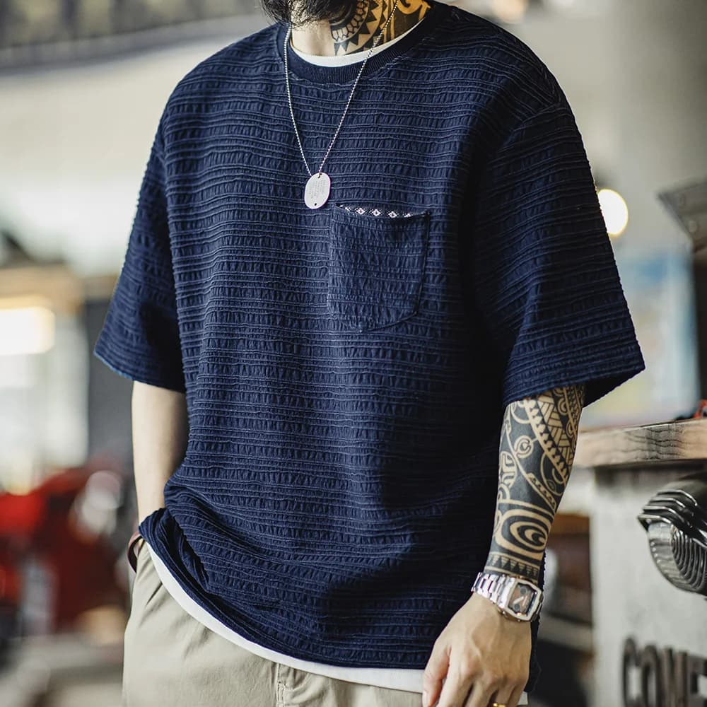 Maden Retro Indigo Knitted Jacquard Wave Pattern Textured T-shirt Loose Fit Solid Color Short-sleeved Tee for Men's Summer Tops