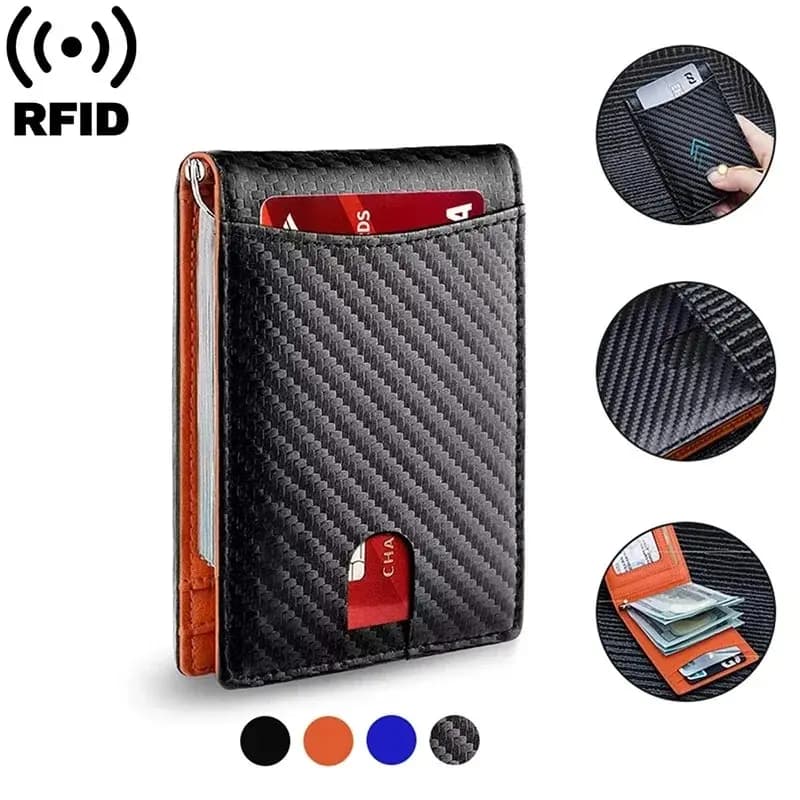Men's Anti-RFID Carbon Fiber Wallet - Black Magic Leather Card Case, Protected ID/Credit Card Holder Purse with Secure Storage