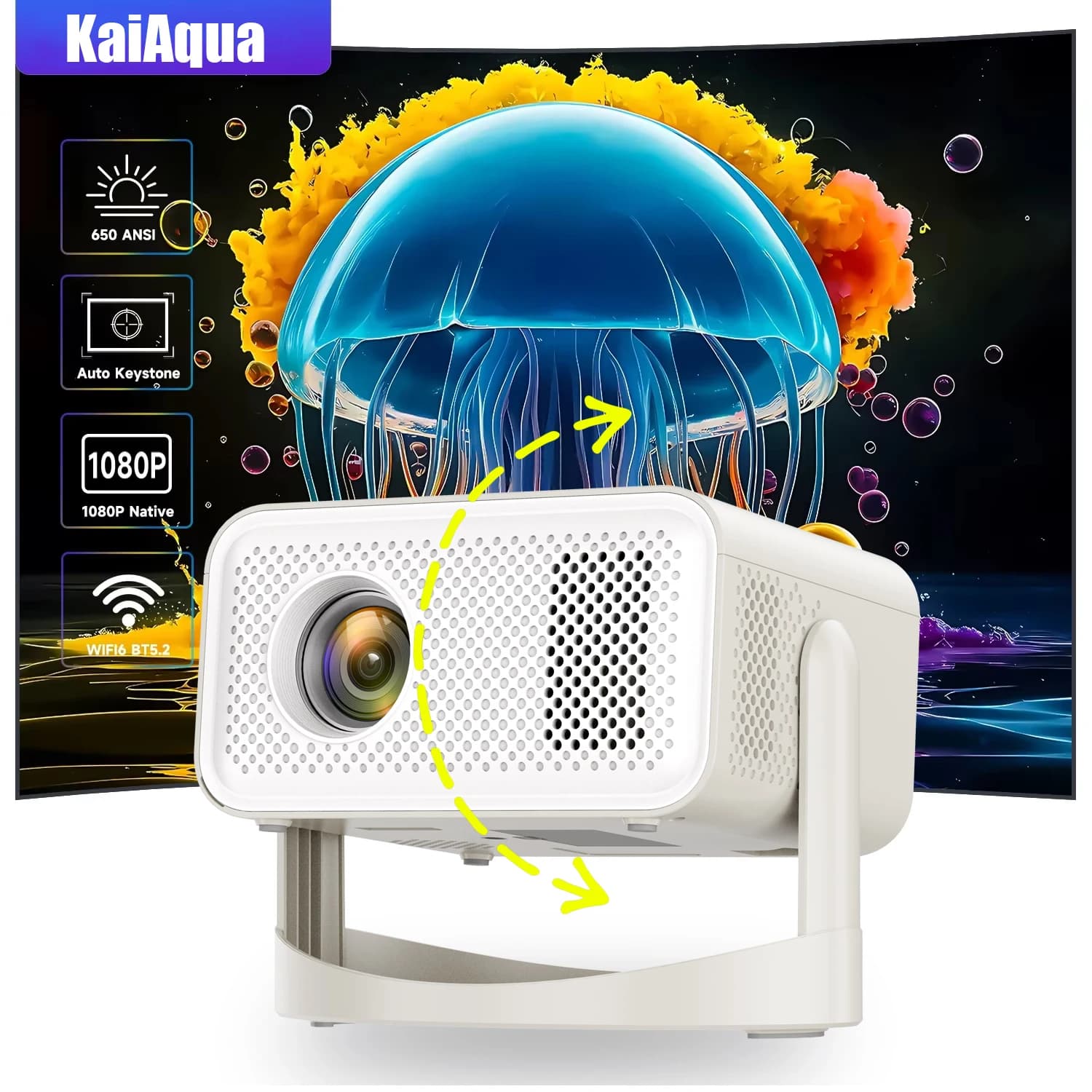 KaiAqua 4K 650ANSI HT23 Native Portable Projector 1080P Auto Focus Keystone Correction BT5.2 Android 11 WIFI6 360° Home Cinema