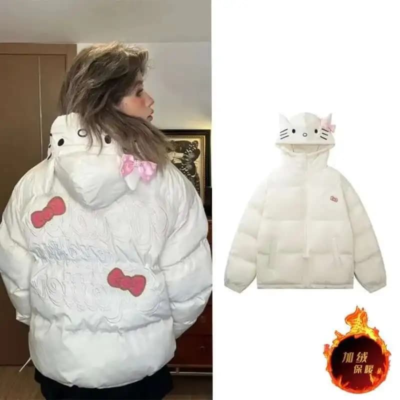 Miniso Plus Size Hellokitty Y2k Cotton Coats Girls Kitty Ear Decor Kawaii Zipper Jacket Cute Cartoon Warm Hooded Coats For Women